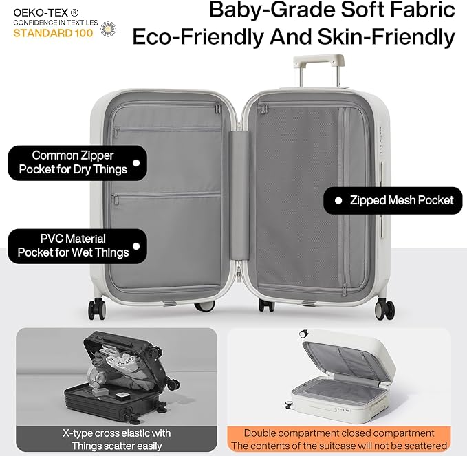 mixi Checked Luggage with Cup Phone Holder Hard Shell Rolling Travel Suitcase with Spinner Wheels,24 Inch Smoke White