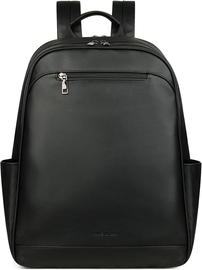 MASINTOR 15.6 inch Leather Laptop Backpack Purse for Women, Designer Travel and Work Bag with Laptop Compartment Black