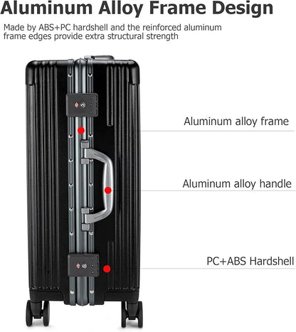 feilario 24in Aluminium Frame Zipperless PC Hard Shell Spinner Wheels Luggage, Built-In TSA lock Carry on Suitcase, with Cup Holder, USB Port, Phone Holder