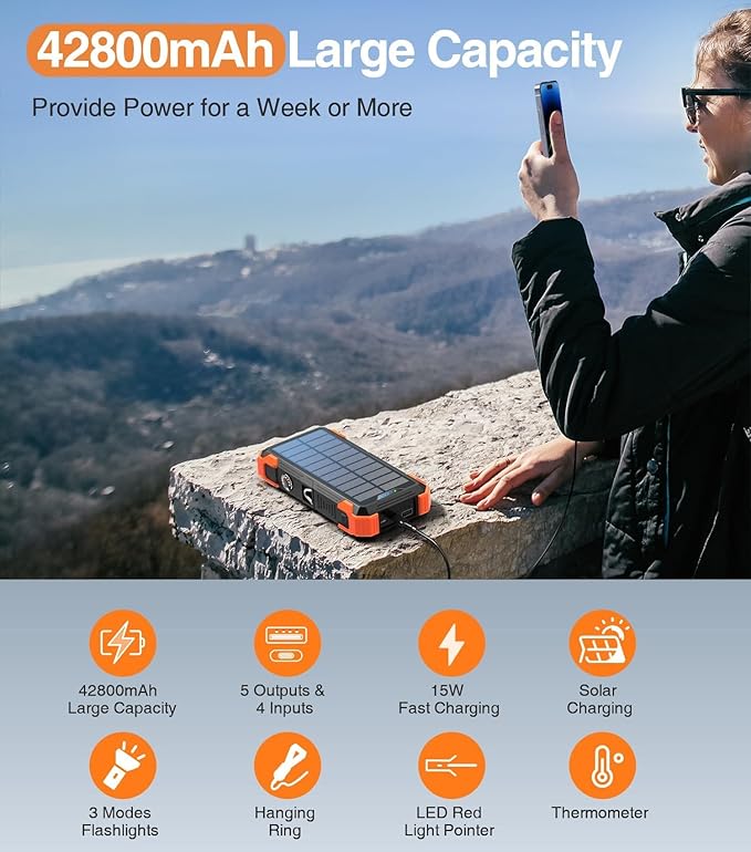 Solar Charger Power Bank, 42800mAh Wireless Portable Charger with USB-C in/Output, QC3.0 Fast Charging 15W 4 Ports Outdoor Battery Pack Built-in LED Flashlight, for iPhone, Galaxy, iPad etc