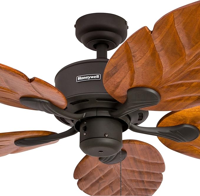 Honeywell Ceiling Fans Sabal Palm, 52 Inch Tropical LED Ceiling Fan with Light, Pull Chain, Dual Mounting Options, Hand Carved Solid Wood Blades - 50204-01 (Bronze)