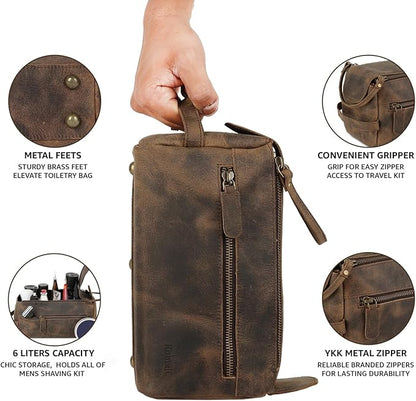 KomalC Premium Buffalo Leather Toiletry Bag for Men & Women With Water resistant Lining, Grooming Travel Pouch, Unisex Wash Bag for Toiletries, Gifts for Men and Women