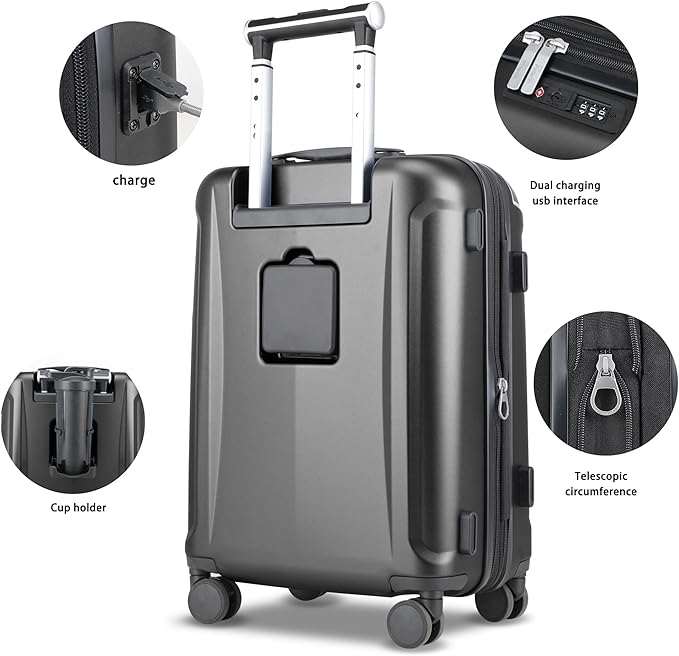 Luggage Sets 3 Piece with Cup Holder & USB Port, Expandable PC Hardside Durable Suitcases with Spinner Wheels & TSA Lock, 20/24/28 Inch, Black