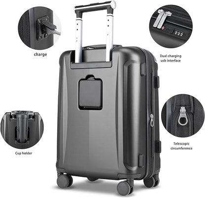 Luggage Sets 3 Piece with Cup Holder & USB Port, Expandable PC Hardside Durable Suitcases with Spinner Wheels & TSA Lock, 20/24/28 Inch, Black