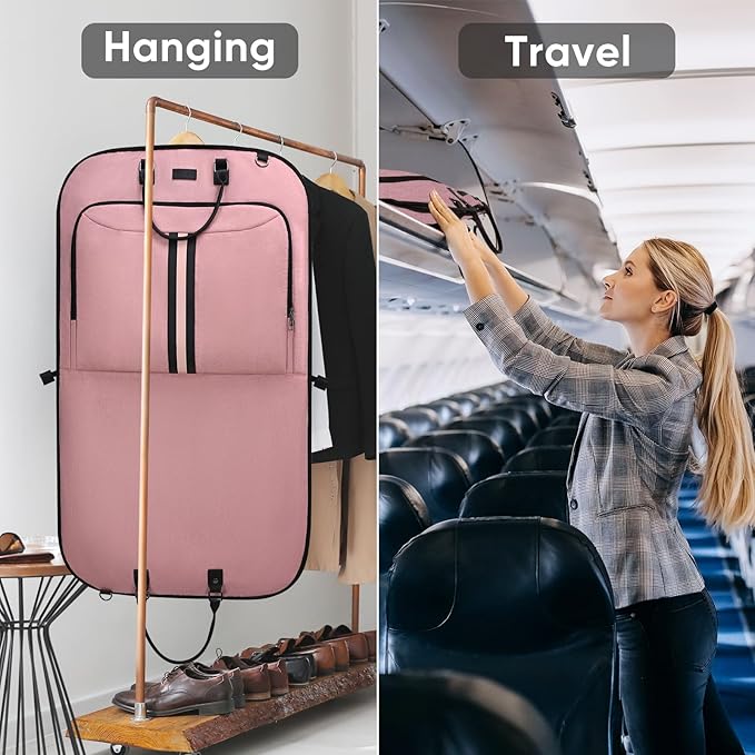 BALEINE Travel Garment Bag, Travel Suit Bag for Men, 42'' Waterproof Carry on Garment Bag for Hanging Clothes, Garment Duffel Bag for Travel Business (Pink)