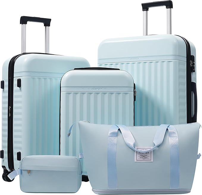 Merax Luggage Sets 5 Piece,Hardshell Expandable Suitcase with Spinner Wheels and Travel Bags,Lightweight Carry on Luggage,20/24/28IN,Light Blue