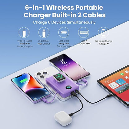 6 in 1 Magnetic Portable Charger for iPhone with Built-in Cables, 10800mAh 25W PD Fast Charging Power Bank, 6 Outputs Travel Essential Battery Pack for iPhone 17/16/15/14/13/12,Apple Watch (Purple)