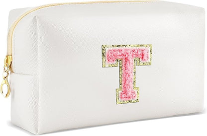 Initial Makeup Bag Personalized Preppy Travel Small Cosmetic Bag Cute PU White Chenille Letter Makeup Pouch for Purse Waterproof Zippered Toiletry Organizer for Women Girls Kids Friends (T)