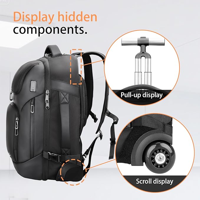 Backpack for Men, Anti Theft Convertible Laptop Backpack with Wheels,50L Rfid Personal Item Wheeled Backpack for Travel Business Work, Black
