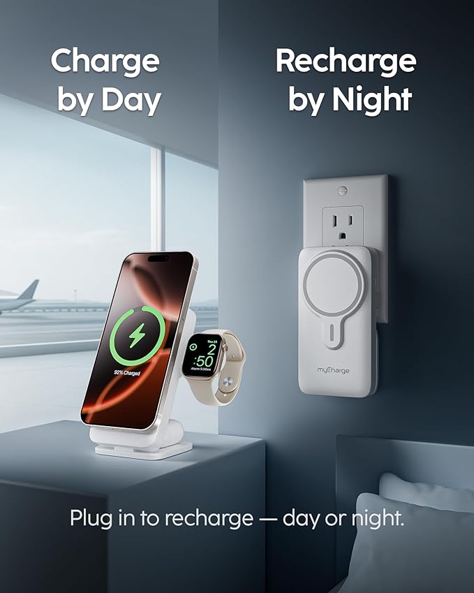 myCharge EcoHub 3-in-1 Magnetic Wireless Charger & Battery Pack for iPhone, iWatch, AirPods - 6,000mAh Battery | Built-in Wall Plug | 15W Magsafe Wireless Output | Foldable | Charging Station | Grey