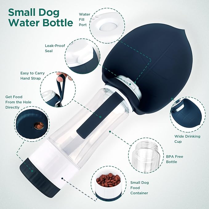 Dog Water Bottle, Pet Water Bottle with Food Container and Drinking Feeder, Leak Proof, BPA-Free, Portable Foldable Puppy Water Cup Dispenser for Outdoor Walking, Travel, Small Dark Blue