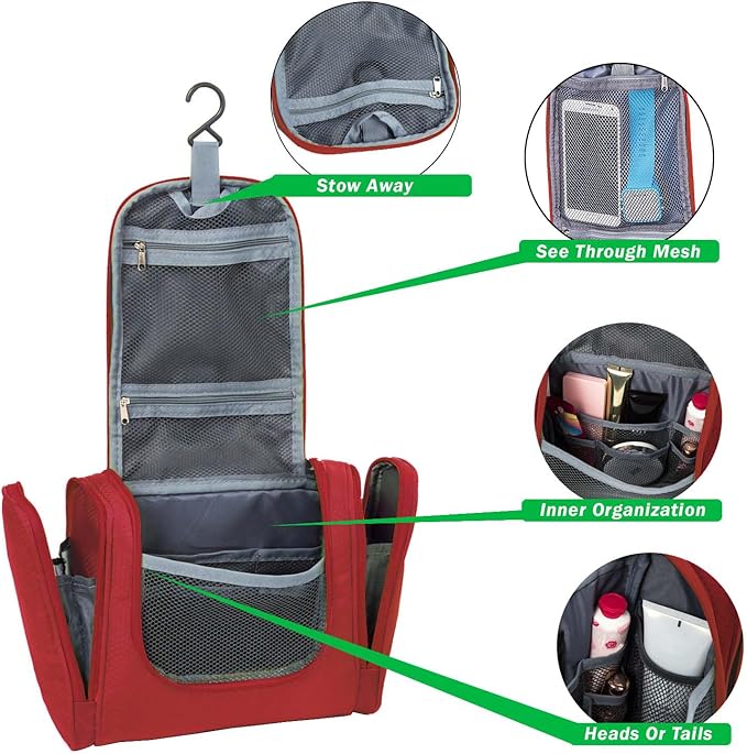 Bago Travel Toiletry Bag for Women and Men X-Large Waterproof Hanging Large Toiletry Bag for Bathroom and Travel Bag for Toiletries Organizer -Travel Makeup Bag (Red)
