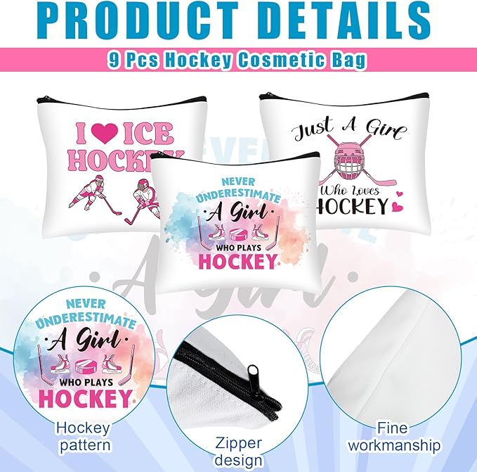 9 Pcs Christmas Hockey Gifts Inspirational Makeup Bag for Women Hockey Lovers Players Ice Gifts Bags Cosmetic Travel Pouch for Women Mom Athletics Birthday