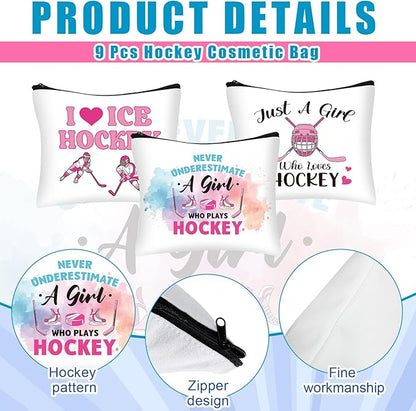 9 Pcs Christmas Hockey Gifts Inspirational Makeup Bag for Women Hockey Lovers Players Ice Gifts Bags Cosmetic Travel Pouch for Women Mom Athletics Birthday