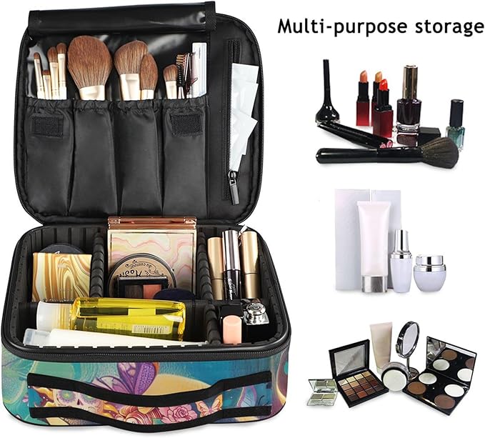 MNSRUU Travel Makeup Bag, Skeleton Woman with Flowers Women Makeup Case Organizer Cosmetic Toiletry Bag for Teenage Girl with Adjustable Dividers