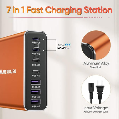 Aluminum Alloy USB C Charger GaN Charger Fast USB C Charging Station 7 Ports 65W Laptop for MacBook Pro/Air/iPad Pro/iPhone (Orange-4C3A)