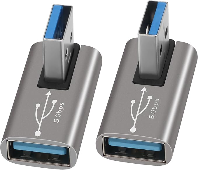 90 Degree USB 3.0 Adapter 2 Pack, Middle (Left and Right) Angle USB-A Male to Female Connector USB L Shape Extender, Support Charge & Data Sync for PC, Laptop, Mouse, Keyboard, USB A Car Charger