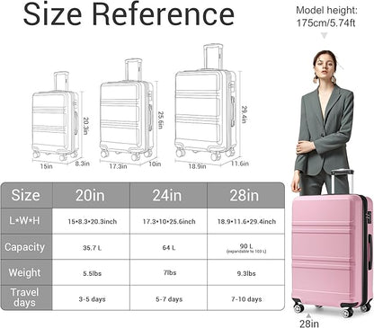 Kono 3 Piece Luggage Sets Expandable(only 28") with Spinner Wheels TSA Lock Lightweight PC+ABS Hardside Travel Rolling Suitcases 20in 24in 28in Carry on Pink
