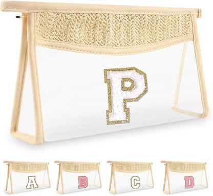 Personalized Initial Letter Bag Boho Straw Clear Makeup Bag,Small Cute Chenille Varsity Letter Pouch With Zipper,Beach Travel Toiletry,Portable Monogrammed Cosmetic Bag for Women Girls,P