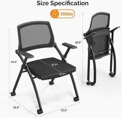 VINGLI 4 Pack Stackable Conference Room Chairs with Wheels, Folding Office Chair with Rebound Back, Padded Seat for Training Room, Guest, Reception, Event, Capacity 350lbs, Black