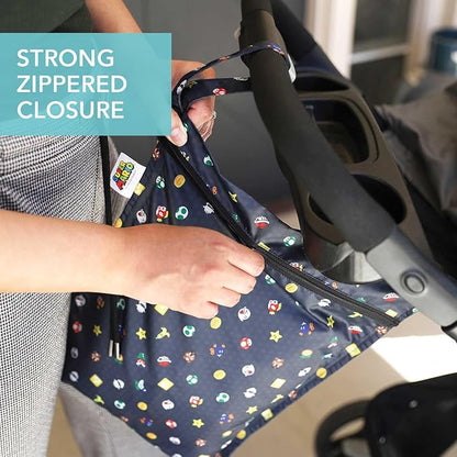 Bumkins Waterproof Wet Bag for Baby, Travel, Swim Suit, Cloth Diapers, Pump Parts, Pool, Beach, Gym Clothes, Toiletry, Hook to Stroller, Daycare, Zipper Reusable Wetdry Packing, Nintendo Super Mario