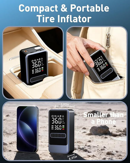 Tire Inflator Portable Air Compressor, 150PSI Cordless Air Pump for Car Tires, Electric Bike Tire Pump with Digital Pressure Gauge and LED Light, Portable Tire Inflator for Car, Moto, Bicycle