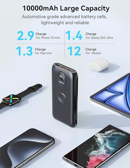 Portable Charger, 10000mAh 22.5W Fast Charging Power Bank with Built in Cable & Wall Plug, Travel Essential Battery Pack with LED Display, External Charger for iPhone 17/16, iWatch 11/10/9/8/Ultra/SE