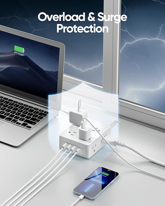 Surge Protector Power Strip, Olcorife Ultra Thin Flat Plug Extension Cord 5ft, 8 Outlets 4 USB Ports(1 USB C), Flat Wall Plug Outlet Extender, College Dorm Room Essentials, White