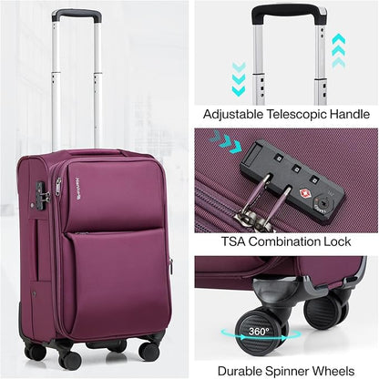 Hanke 3 Piece Luggage Sets Softside Expandable Carry On Luggage Set Travel Suitcase Sets with Spinner Wheels TSA Approved Luggage(Purple, 20in/24in/28in)