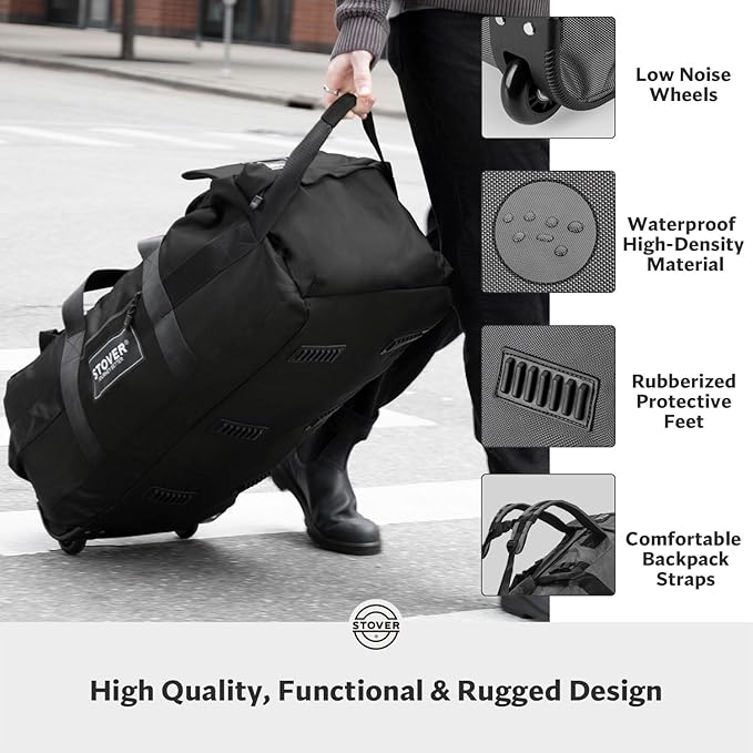STOVER 100L Rolling Duffel Bag with Wheels, X-Large 32 Inch Durable Travel Duffle + Toiletry Bag, Heavy Duty, Packable w/Shoulder Straps- Use as Luggage or Backpack, Men/Women (Black)