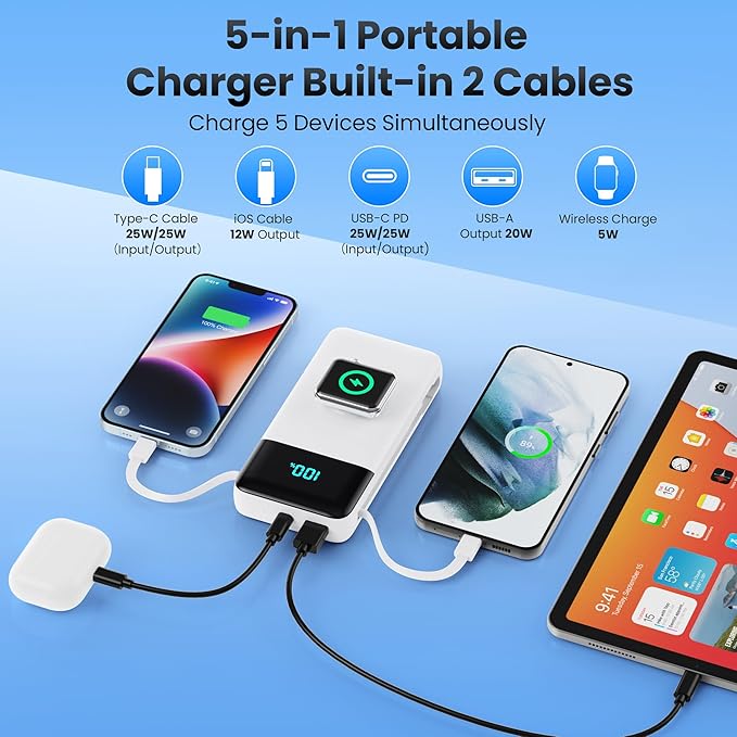 Portable Charger 40800mAh for iPhone with Built-in Cable and iWatch Charger, 25W PD Fast Charging USB C Power Bank,Travel Camping Essentials Battery Pack for iPhone 17/16/15/14/13,Android,Apple Watch
