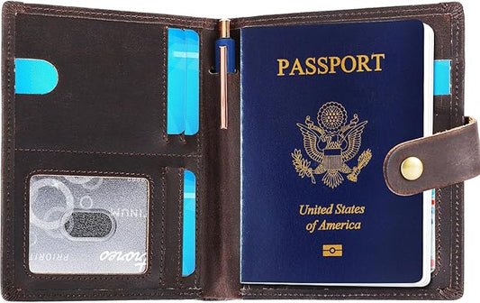 Vitus Full Grain Leather Passport Wallet, Travel Document Organizer with RFID Blocking, Dual Passport Slots, Multiple Card Holders, AirTag Compatible, a 60-Page Travel Notebook & Pen Included