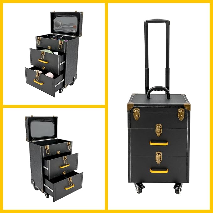 Rolling Makeup Case w/ 2 Keys, 3-tier Lockable Makeup Train Case w/ Drawers, Removable Baffle Nail Polish Organizer, Travel Cosmetic Case w/ 17.7in Telescopic Rod, 14.2*9*19.3in, Bronze Latch+Black