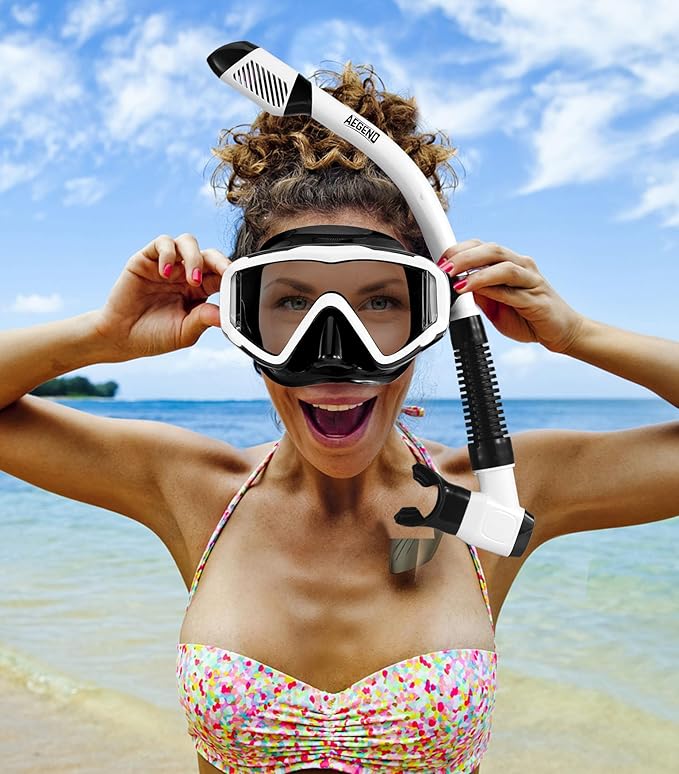 Aegend Snorkeling Gear for Adults Youth Kids, Dry Snorkel Set Panoramic View Enhanced Anti-Leak and Anti-Fog Technology, Adjustable Strap for Snorkeling Scuba Diving Swimming with Mesh Bag