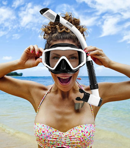 Aegend Snorkeling Gear for Adults Youth Kids, Dry Snorkel Set Panoramic View Enhanced Anti-Leak and Anti-Fog Technology, Adjustable Strap for Snorkeling Scuba Diving Swimming with Mesh Bag