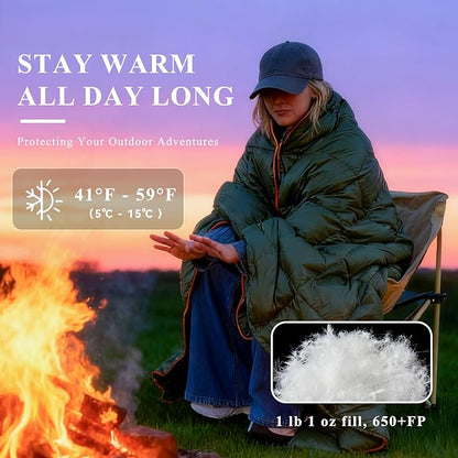 MOOX Down Camping Blanket Packable Backpacking Camping Quilt Outdoor Lightweight Warm Water Resistant Puffy Sleeping Bag Travel Hiking 55"x79" Waterproof Camp Throw Blanket, Green Orange