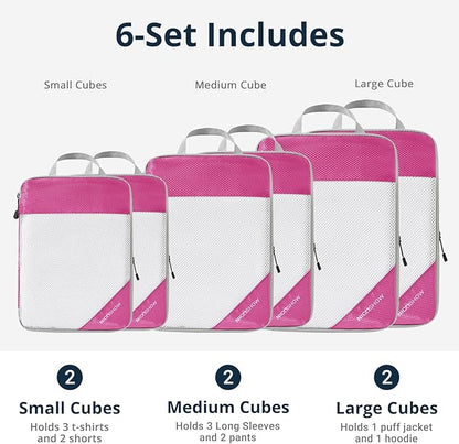 Compression Packing Cubes 6 Set, Compressible Space-Saving Packing Cubes for Travel - Compression Bags, Luggage Organizer, Travel Essentials for Women, Hot Pink