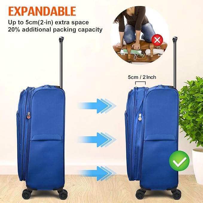 Verdi Luggage Sets of 2 Suitcase with Spinner Wheels Softside Expandable, Carry On Luggage with USB Port (Navy, 2-Piece set(20/28))