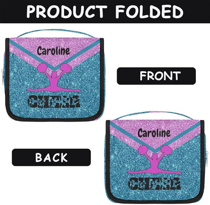 Custom Travel Toiletry Bag with Hanging Hook Cheerleading, Spacious Waterproof Toiletry Bag for Women for Travel Accessories, Toiletries Essentials Lake Blue Pink Cheer Shiny Glittering