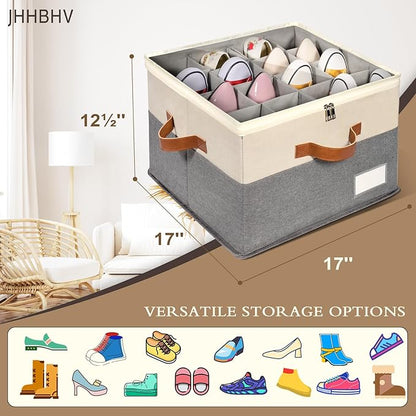 2 Pack Shoe Organizer for Closet, Adjustable Shoe Box Storage Containers, Large Foldable Shoe Bins with Clear Cover, Space Saving Shoes Holder with 4 Handles, Fits 16-32 Pairs, Beige
