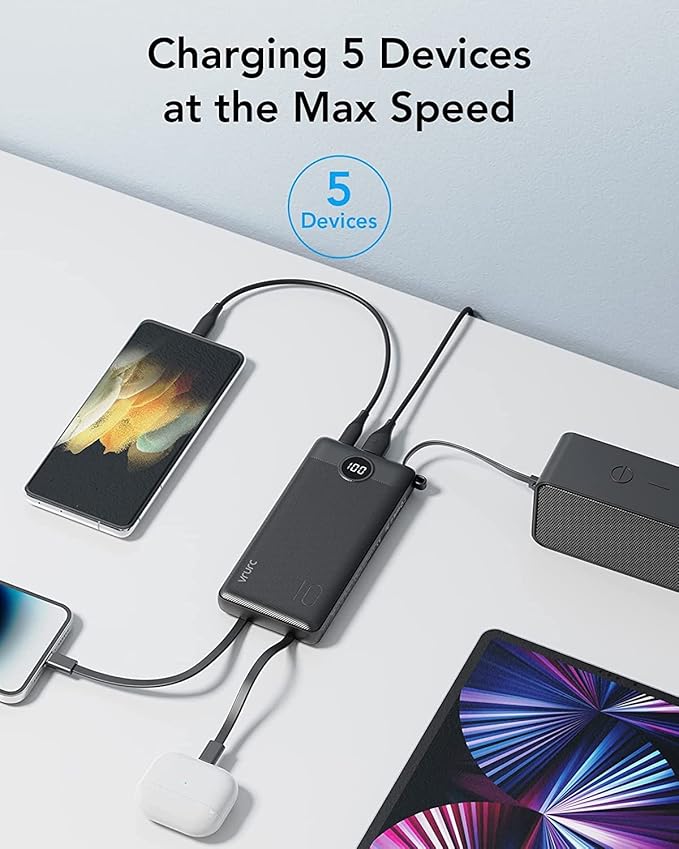 VRURC Portable Charger with Built in Cables, Slim Power Bank 10000mAh, USB C Battery Pack Travel Essential, 5 Outputs 2 Inputs Phone Charging Bank for iPhone 16 15 14 13,Samsung,Android-Black(1 Pack)