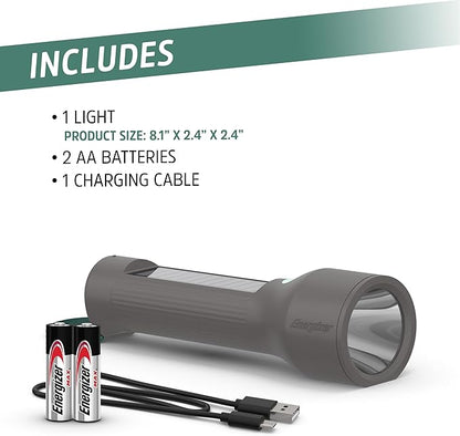 Energizer S-600 LED Flashlight Rechargeable Solar and AA Battery Power Options, Super Bright IPX4 Water Resistant Flashlights High Lumens for Emergencies, Outdoors, DIY