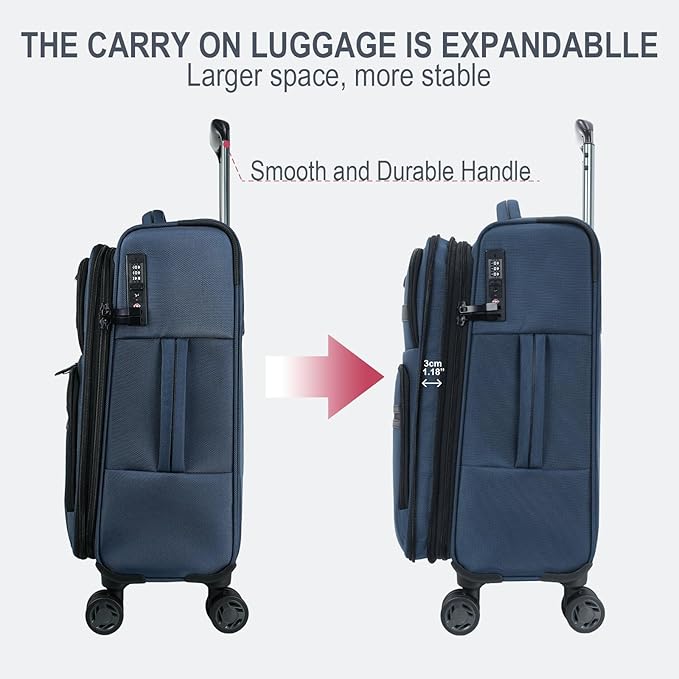 KROSER Softside Expandable Carry On Luggage with Front Business Pockets，20 Inch Suitcases with Spinner Wheels & Built-in TSA Lock, Durable Suitcase Rolling Luggage with USB Port, Haze Blue