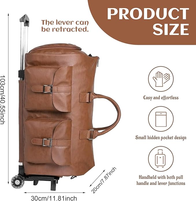 Wheeled Duffel Bags Duffle Bag with Wheels and Handle, Foldable Waterproof PU Large Capacity Wheeled Duffel Bags with Adjustable Strap for Women and Men, Brown