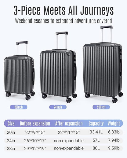 LIGHT FLIGHT Luggage Sets, Durable Hard Shell 3 Piece Set Suitcase with Spinner Wheels, Hardside Lightweight Luggage set with TSA Lock, Large Travel Luggage Set (20" 24" 28"), Glacier Gray