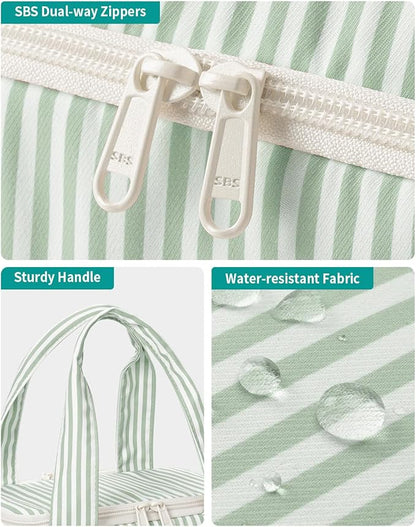 Narwey Large Travel Toiletry Bag, Wide-open Travel Bag for Toiletries, Toiletry Bags for Traveling Women, Cosmetic Make Up Makeup Bag Organizer with Wet Pocket, Shower Skincare Bag (Mint Green Stripe)