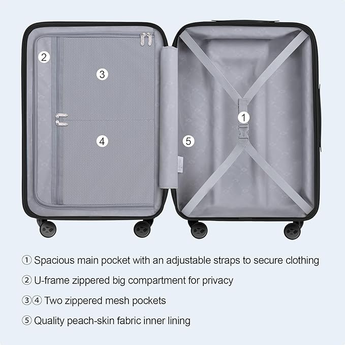 MGB Hardside Checked Luggage with Wheels, Lightweight Durable Medium Luggage with TSA Lock, PC Hard Shell Suitcase for Travel with 360°Double Spinner Wheels