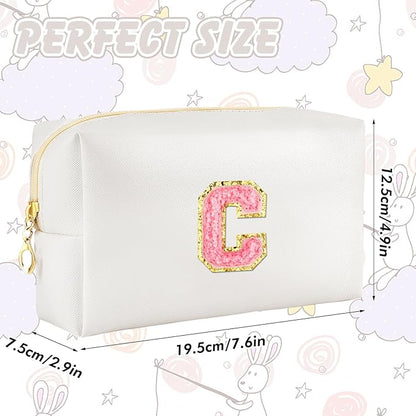 Initial Makeup Bag Personalized Preppy Travel Small Cosmetic Bag Cute PU White Chenille Letter Makeup Pouch for Purse Waterproof Zippered Toiletry Organizer for Women Girl Kid Friends(C)
