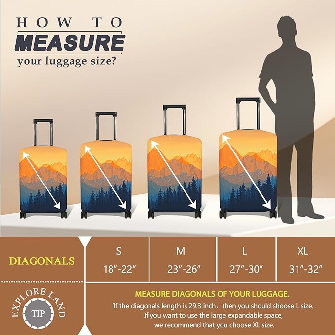 Explore Land Travel Luggage Cover Suitcase Protector Fits 18-22 Inch Case (Amber Mountains, S)