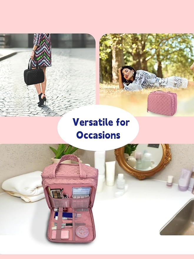 SMONT Travel Toiletry Bag for Women Hanging Makeup Organizer Toiletry Bag Essentials for Women Makeup Bag/Big Compartment, Waterproof,with Multiple Pockets, Ideal for Travel, Gym, School, Pink